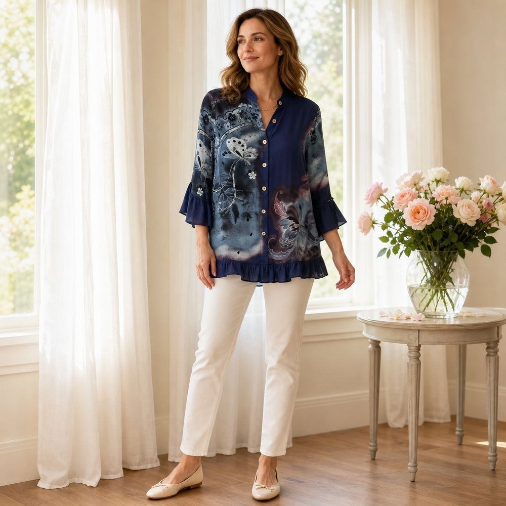 Citron Santa Monica Silk Blouse Womens M Navy Butterfly Floral Bell Sleeve Boho